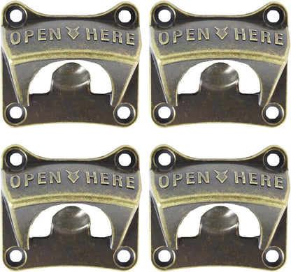 Vintage Square Wall Mounted Bottle Opener, Stainless Beer Cap Opener Antique Bronze (Pack of 4)
