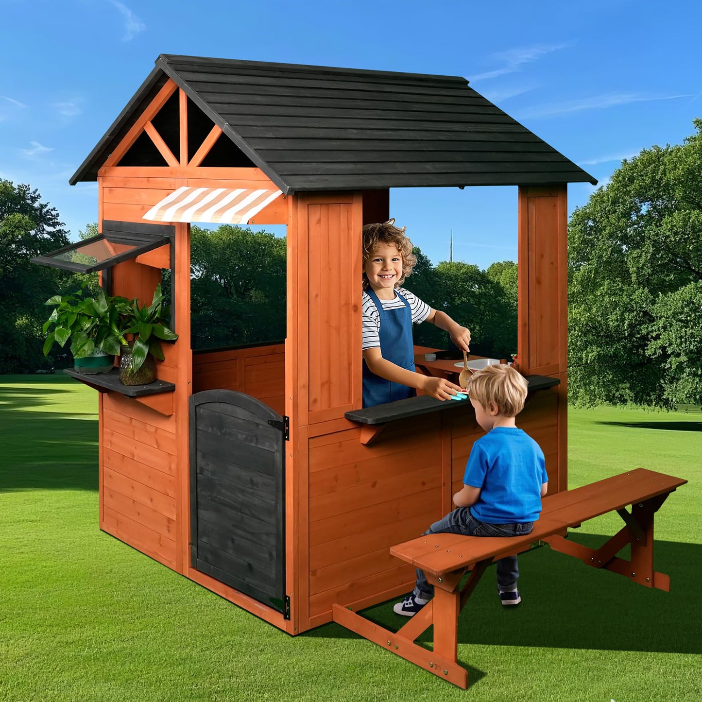 Easy Playhouse: Big Outdoor Wooden Playhouse - Working Door & Windows, Side Serving Station & Bench, Sink & Stove, Backyard Creative Toy Home, Kids 3+