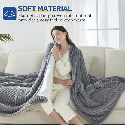 SEALY Electric Blanket Full Size, Soft Ribbed Flannel to Sherpa Reversible Heated Blanket with 10 Heat Settings & 1-12 Hours Auto-Off Overheat Protection, Machine Washable, 72"x84" Beige