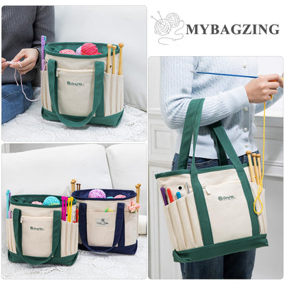 MYBAGZING Canvas Yarn Storage Organizer Bag Washable Crochet Bag with Pockets for Yarn, Hooks, Needles – Travel Knitting Tote for Crafters – Gift for Crocheters & Knitters (Medium/Large)
