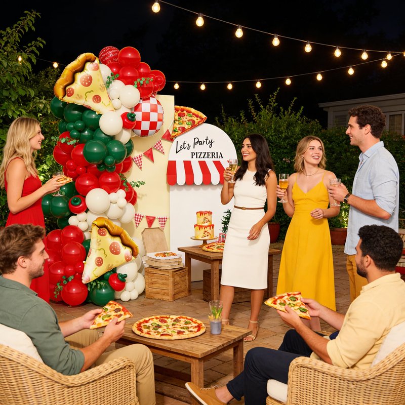 PageebO Pizza Party Decorations，150PCS Red Green Ivory White Balloons with Pizza Checkered Balloons for Pizza Party Favors BBQ Picnic Birthday Party Decorations Slice Slice Baby Shower Home Decor
