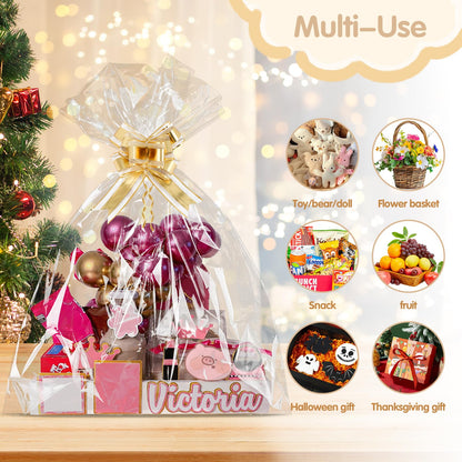 LEOSINDA 10 Pcs Extra Large Cellophane Bags 50x60 Inches for Gift Baskets, Clear Gift Basket Wrap with 10 Gold Ribbons, Food-Safe Plastic Packaging for Valentine's Day,Christmas,Weddings,Auctions