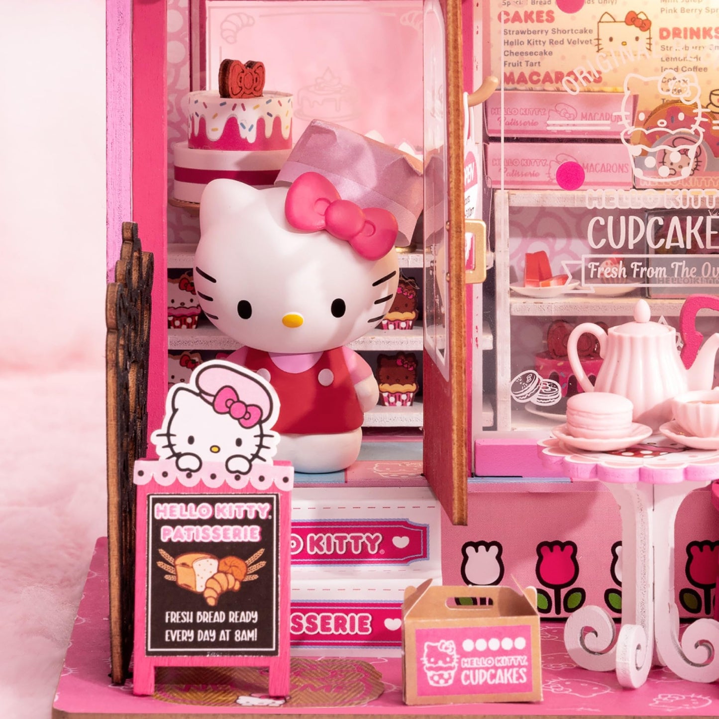 Hands Craft Hello Kitty Patisserie Miniature House Kit with Hello Kitty Figurine – Kawaii 3D Puzzle with Switch Activated LED Lights – DIY Wooden Craft Kit for Bedroom or Bookshelf Decor & Gifts