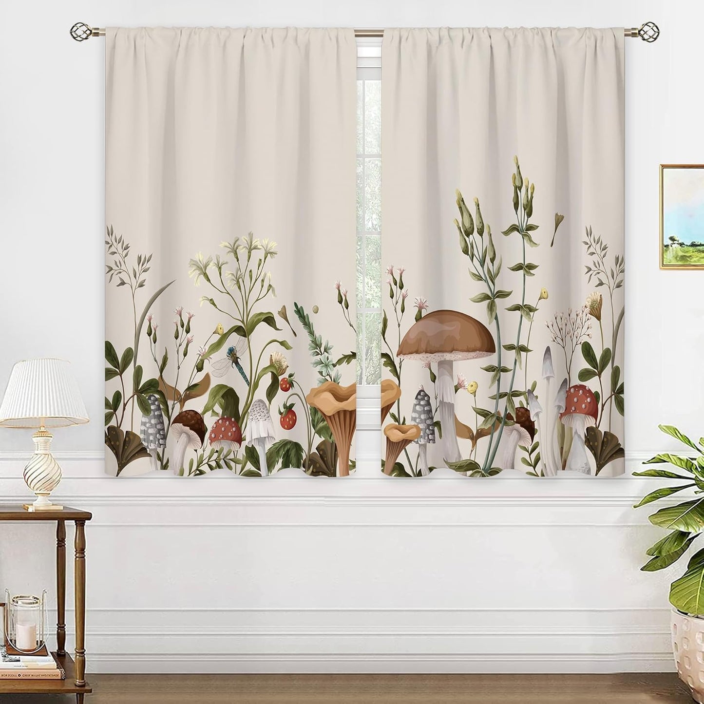 2 42Wx45H Inch Vintage Mushroom Window Curtains Leaves Botanical Rod Pocket Rustic Boho Mushroom Beige Curtain Drapes