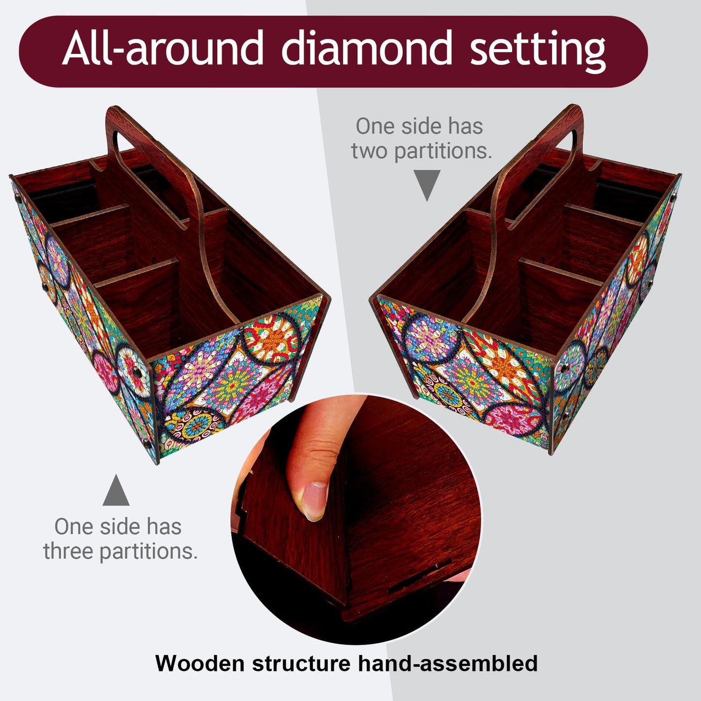 Xylzzuit Diamond Art Painting Multi-grid Storage Box with Handle Wooden DIY Assembly Tabletop Makeup Brushes Pens Desktop Craft Organizer Living Room Office Home (Mandala)