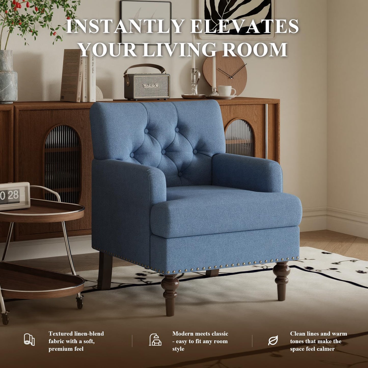 MALOL Upholstered Accent Chair Set of 2, Comfy Reading Chair for Living Room, Mid Century Modern Armchair with Thick Cushion & Solid Rubberwood Legs, for Bedroom/Small Spaces, Blue