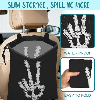 KXWQTRDD Car Garbage Bag Skeleton Hand Peace Sign Drawstring Car Trash Bag Hanging for Back Seat with Adjustable Buckle Canvas Vehicle Trash Can Easy-to-Install