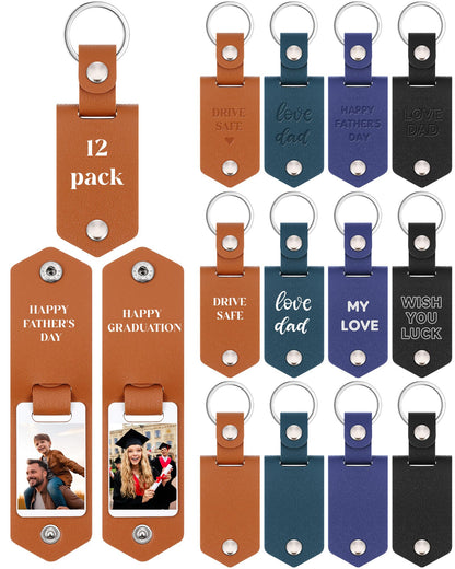 Wavyknot 12 Pcs Leather Photo Keychains Laser Engraving Blank Sublimation Picture Keychain Bulk Graduation Gift for Men Women(Black, Brown, Royal Blue, Dark Green)