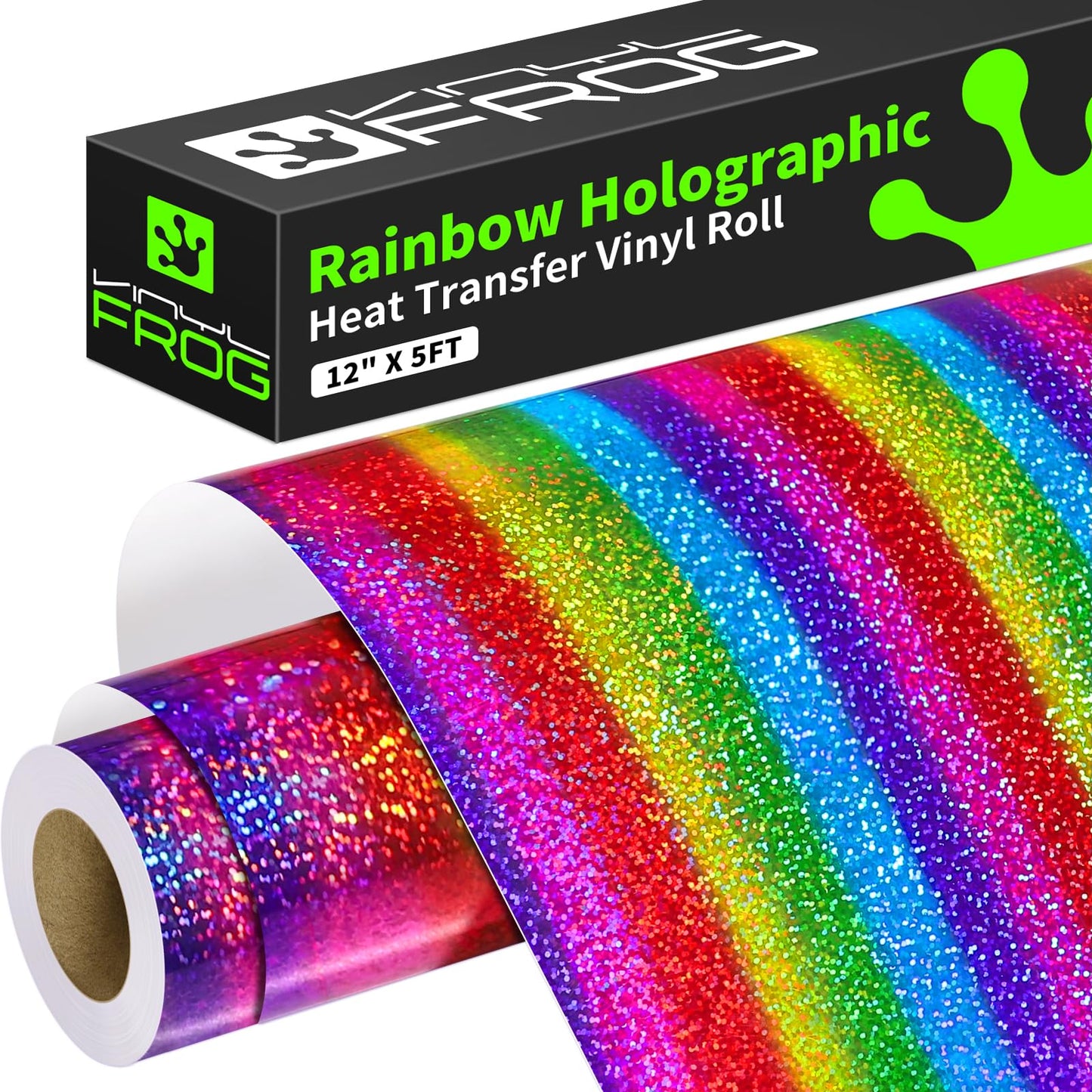 VINYL FROG Rainbow Holographic Heat Transfer Vinyl 12''x5ft Rainbow Glitter HTV Iron on Vinyl for T-Shirts, Holographic Vinyl Roll Pattern Vinyl for DIY Fabric Designs, Stretchable & Washable