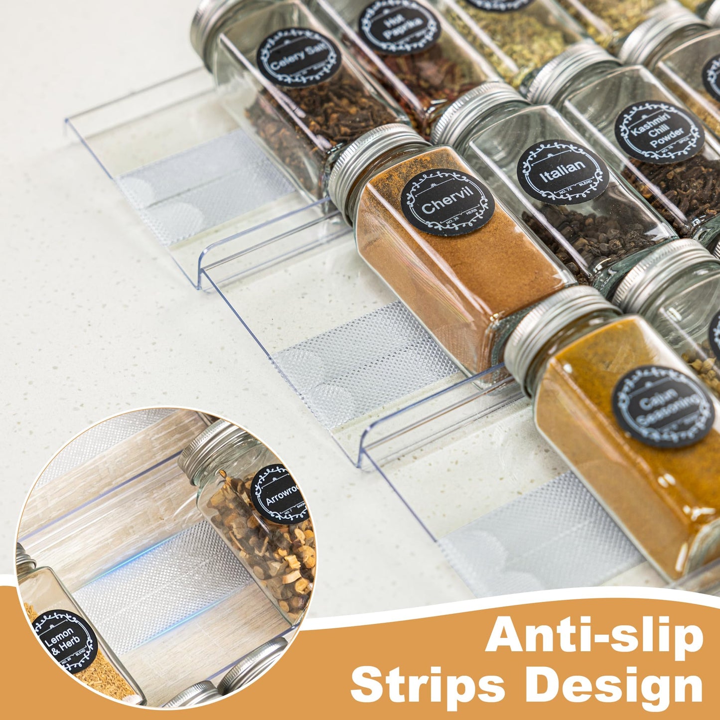 Brippo 8-Pack Spice Drawer Organizer, Expandable Acrylic Seasoning Rack (13" to 26") with Anti-Slip Mat, Kitchen Spice Rack Holds up to 56 Jars (Jars Not Included)