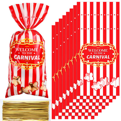 Epakh 200 Packs Carnival Candy Bags Circus-themed Plastic Party Treat Bags with Popcorn Pattern and Gold Twisted Ties for Carnival Birthday Party Favors, Cookies, and Cupcakes (Simple)