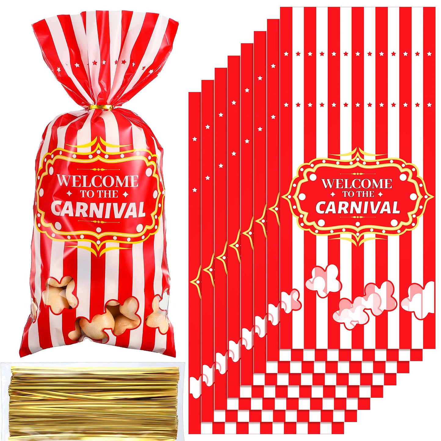 Epakh 200 Packs Carnival Candy Bags Circus-themed Plastic Party Treat Bags with Popcorn Pattern and Gold Twisted Ties for Carnival Birthday Party Favors, Cookies, and Cupcakes (Simple)