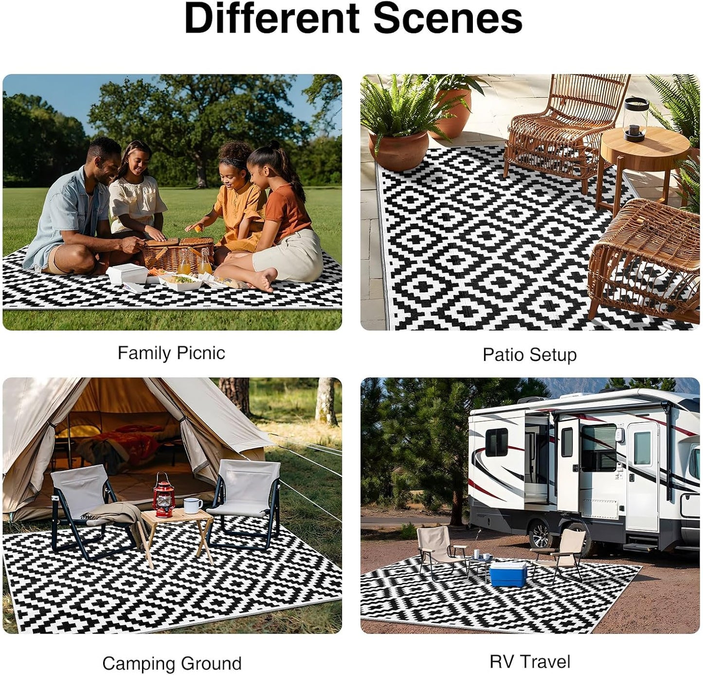 OLANLY Waterproof Outdoor Rug - Versatile 5x8 ft Plastic Straw Mat for Camping & Patio | Black & White