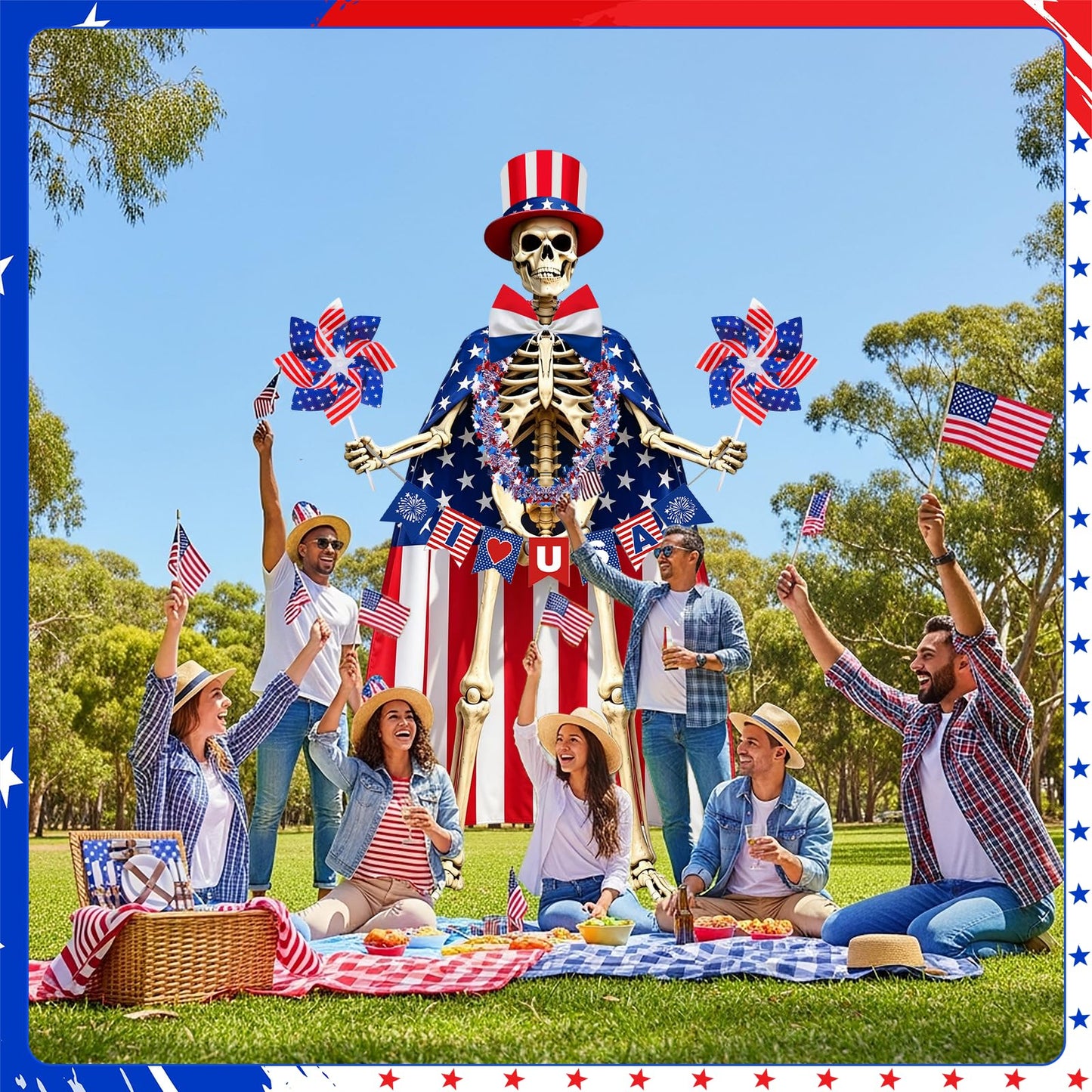 8 Pcs 4th of July 12 Ft Skeleton Costume Set Skeleton Clothes Accessories Independence Day Hat Tie Garland American Flag Cape Banner Pinwheels for 250th Anniversary Patriotic Garden Lawn Outdoor Decor