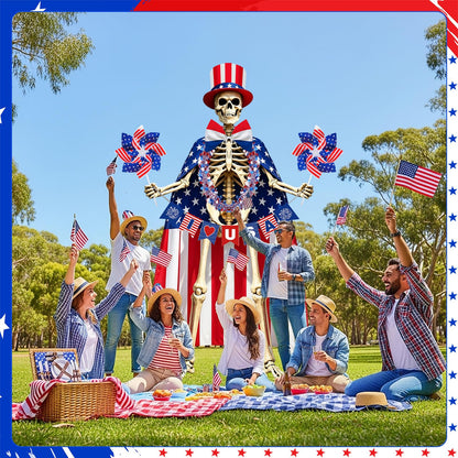 8 Pcs 4th of July 12 Ft Skeleton Costume Set Skeleton Clothes Accessories Independence Day Hat Tie Garland American Flag Cape Banner Pinwheels for 250th Anniversary Patriotic Garden Lawn Outdoor Decor