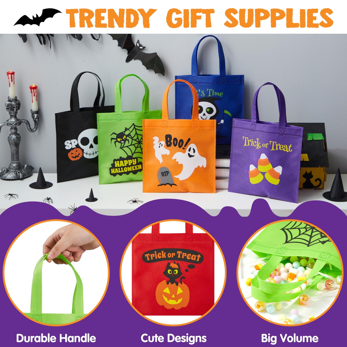 JOYIN 24PCS Halloween Non-Woven Treat Bags, 8.6" Goodie Totes Bags with Handles, Halloween Candy Bag for Kids Trick or Treating, 6 Cute Designs Gifts Goody Bag Bulk for Classroom Party Favor Supplies