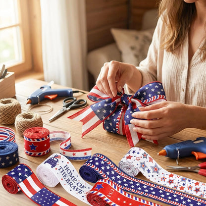 Whaline 5 Rolls Patriotic Ribbon 4th of July Stars and Stripes Burlap Wired Edge Ribbon 25 Yards American Flag Craft Ribbons for Independence Day 250th Anniversary DIY Wreath Bow Gift Wrapping