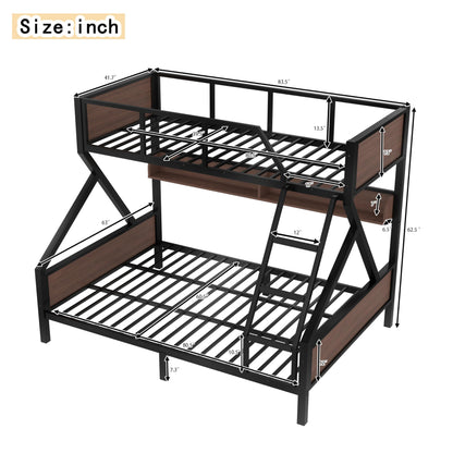 Bellemave Twin XL Over Queen Size Bunk Bed with Storage Shelves and LED Lights,Heavy Duty Adult Bunk Beds with Angled Ladder,Metal Queen Bunk Bed,Black