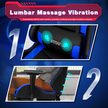 ECOTOUGE PC Massage Gaming Chair with Footrest Ergonomic Office Desk Chair Racing PU Leather Recliner Swivel Rocker with Headrest and Lumbar Pillow, Blue