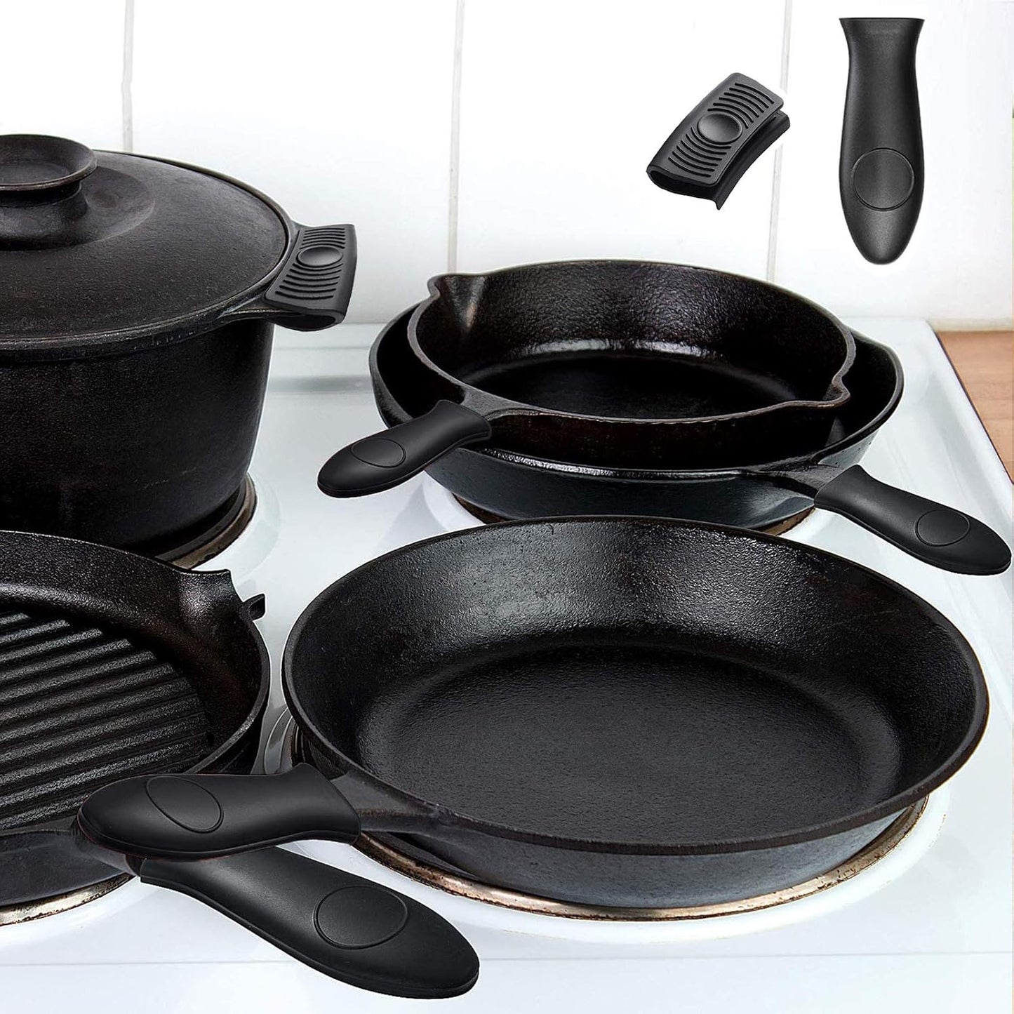 6Pcs Silicone Pot Pan Handle Sleeve, Heat Resistant Covers for Skillets, Pots, Dishwasher Safe (Black)