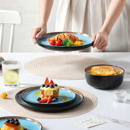 vancasso Plates and Bowls Sets, 24 Pieces Stoneware Dinnerware Sets for 8, Kitchen Dish Set Mircowave and Dishwasher Safe Ceramic Dishware, Blue, Series AMBER