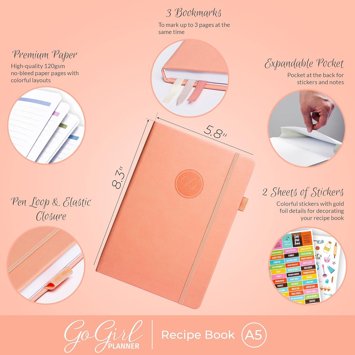 GoGirl Recipe Book – Blank Cookbook to Write In Your Own Recipes – A5, 58 Recipes Total - Peach Pink