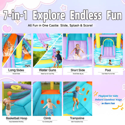 7-in-1 Inflatable Water Slide Bounce House with 3 Slides, Splash Pool, Climbing Wall, Water Gun & Basketball – for Kids Aged 3-10, 520W Blower, 168 x 150 x 78 Inches, Outdoor Backyard Fun