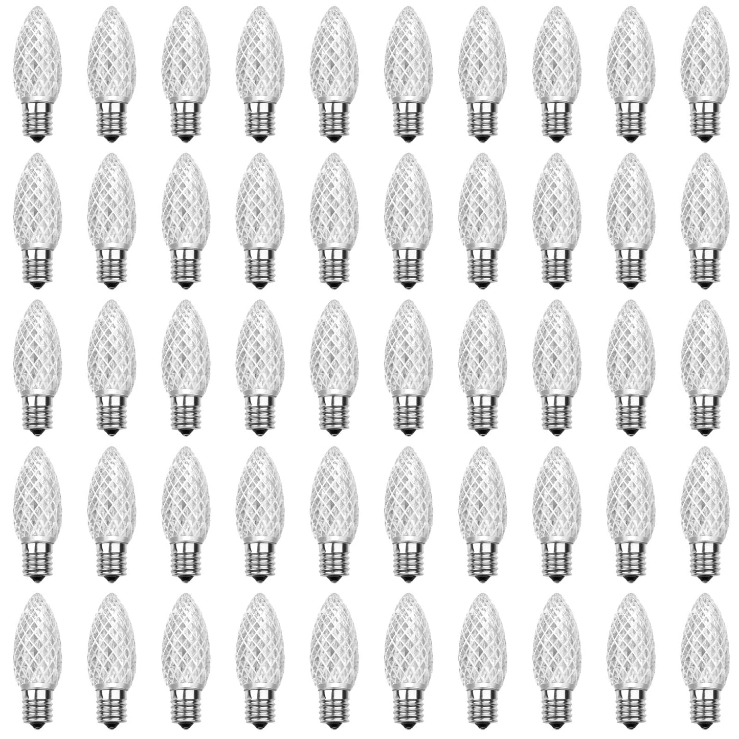 Meconard C9 Led Replacement Christmas Light Bulbs, C9 Shatterproof Led Bulbs for Christmas Indoor Outdoor String Lights, E17 Intermediate Base, Commercial Grade Holiday Bulbs, Cool White, 50Pack