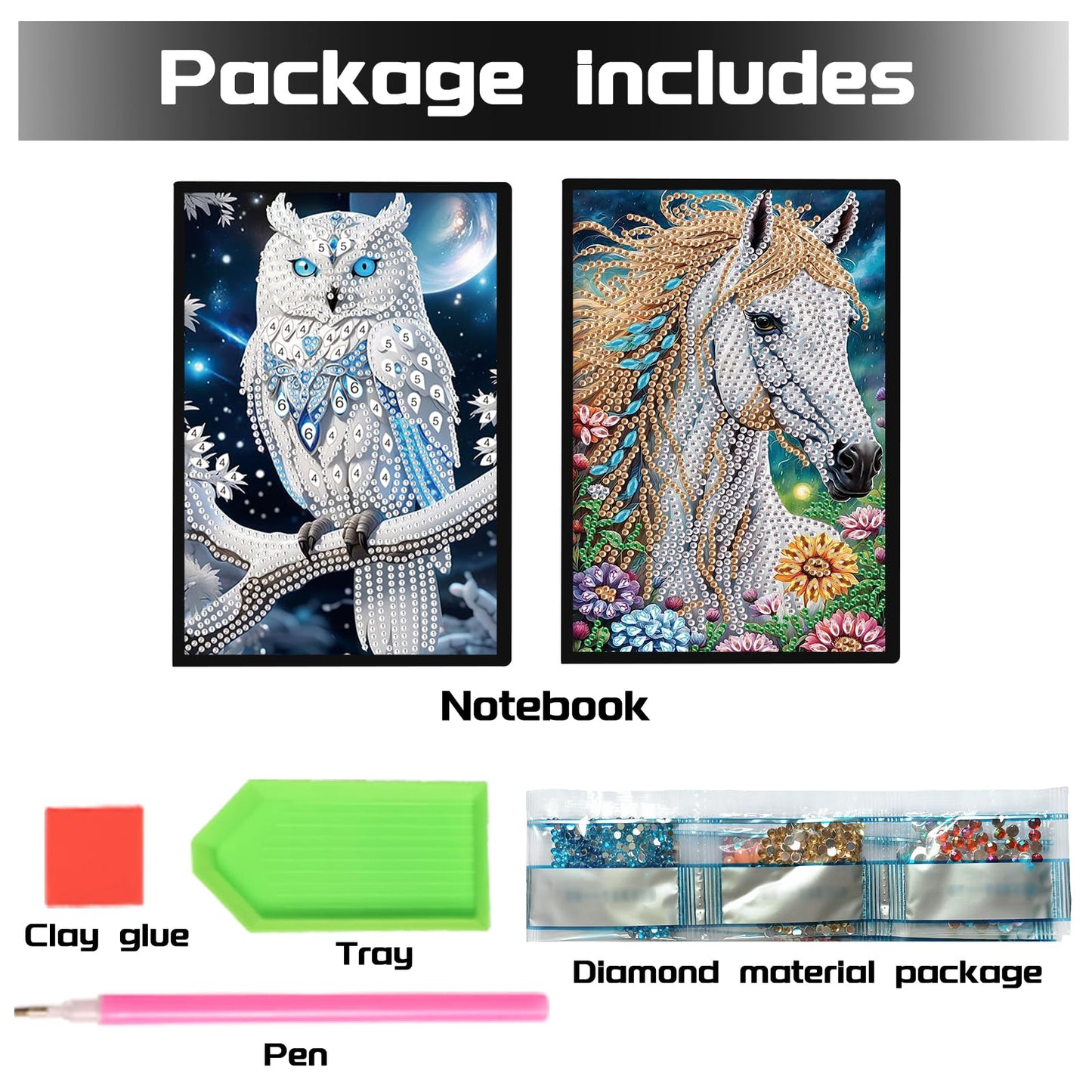 JISHSHAY 2 PCS Diamond Painting Notebook Journal Diamond Art Note Book Gem Art Sketchbook Gem Painting Diary Mosaic Kits for Adults Leather Notebook with Special Shape 14.5×21cm/5.7×8.26in Owl Horse