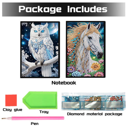 JISHSHAY 2 PCS Diamond Painting Notebook Journal Diamond Art Note Book Gem Art Sketchbook Gem Painting Diary Mosaic Kits for Adults Leather Notebook with Special Shape 14.5×21cm/5.7×8.26in Owl Horse