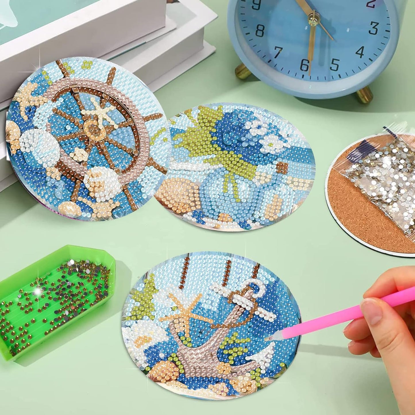 croshom Ocean Diamond Art Coasters Kits, 8 Pieces Ocean Diamond Painting Coasters with Holder, Diamonds Art Painting Kits for Adults, 5D DIY Wooden Coaster for Gift