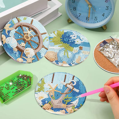croshom Ocean Diamond Art Coasters Kits, 8 Pieces Ocean Diamond Painting Coasters with Holder, Diamonds Art Painting Kits for Adults, 5D DIY Wooden Coaster for Gift