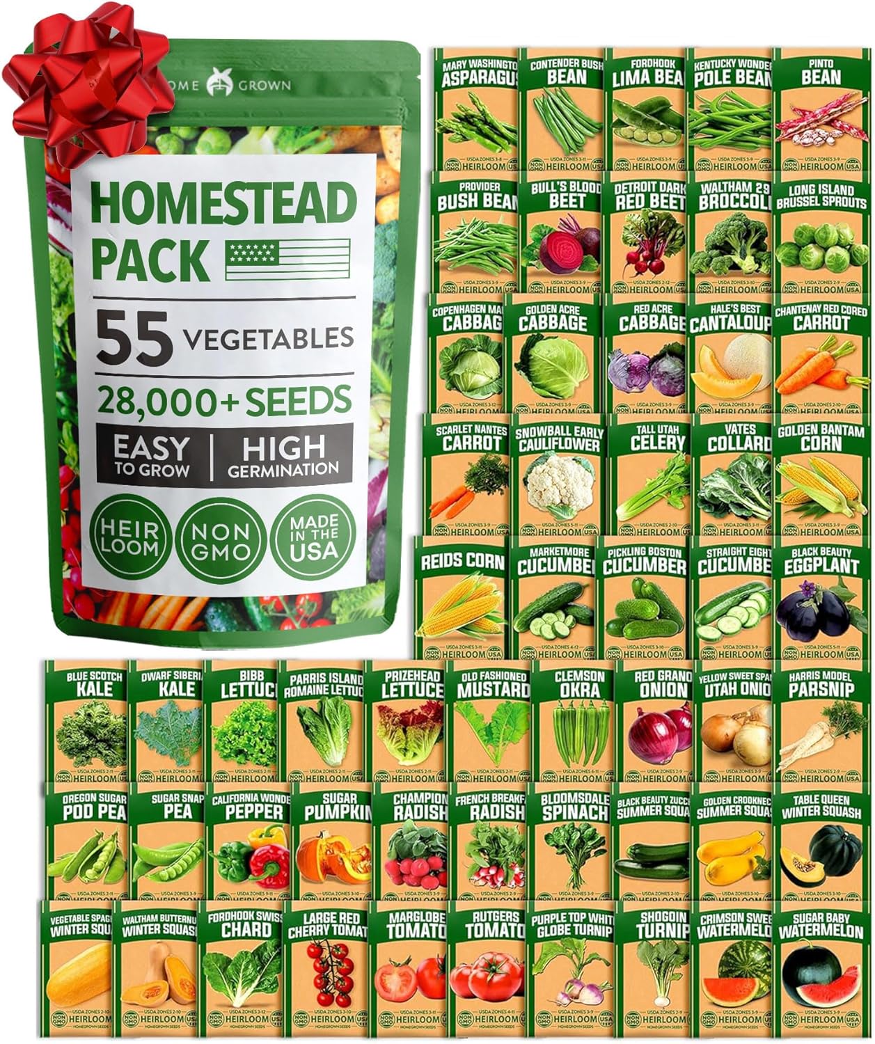 55 Pack 28,000+ HOME GROWN Vegetable Seeds Non-GMO Heirloom Seeds for Planting Vegetables, Survival Seed Vault, Garden