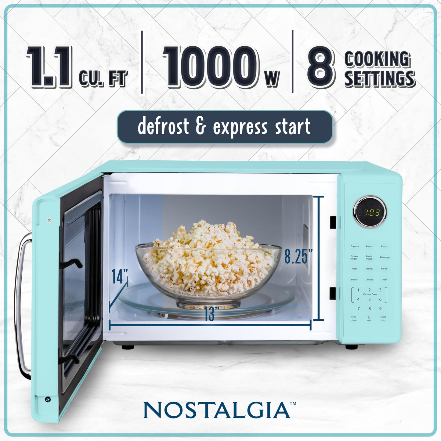 Nostalgia Retro Microwave Oven - 0.7 Cu Ft, 700-Watt Countertop Size with Glass Turntable, Child Safety Lock, 8 Auto-Cook Programs, Digital Clock - Aqua