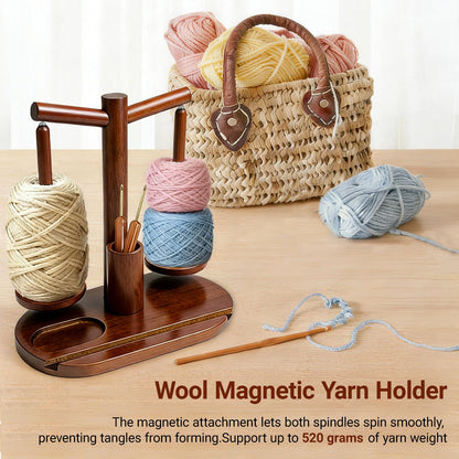 Lemosyu Wooden Yarn Holder for Crocheting and Knitting, Magnetic Rotating Yarn Spinner with 2 Spindles, Crochet Accessories Storage & Phone Stand, Perfect Gift for Knitters, Women, Mom, Grandma