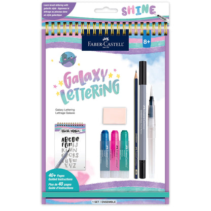 Faber-Castell Learn Galaxy Lettering: 40+ Page Calligraphy Practice Book with Art Crayons, Water Brush & More, Screen-Free Art Gift for Kids, Tweens & Beginners (Ages 8+)