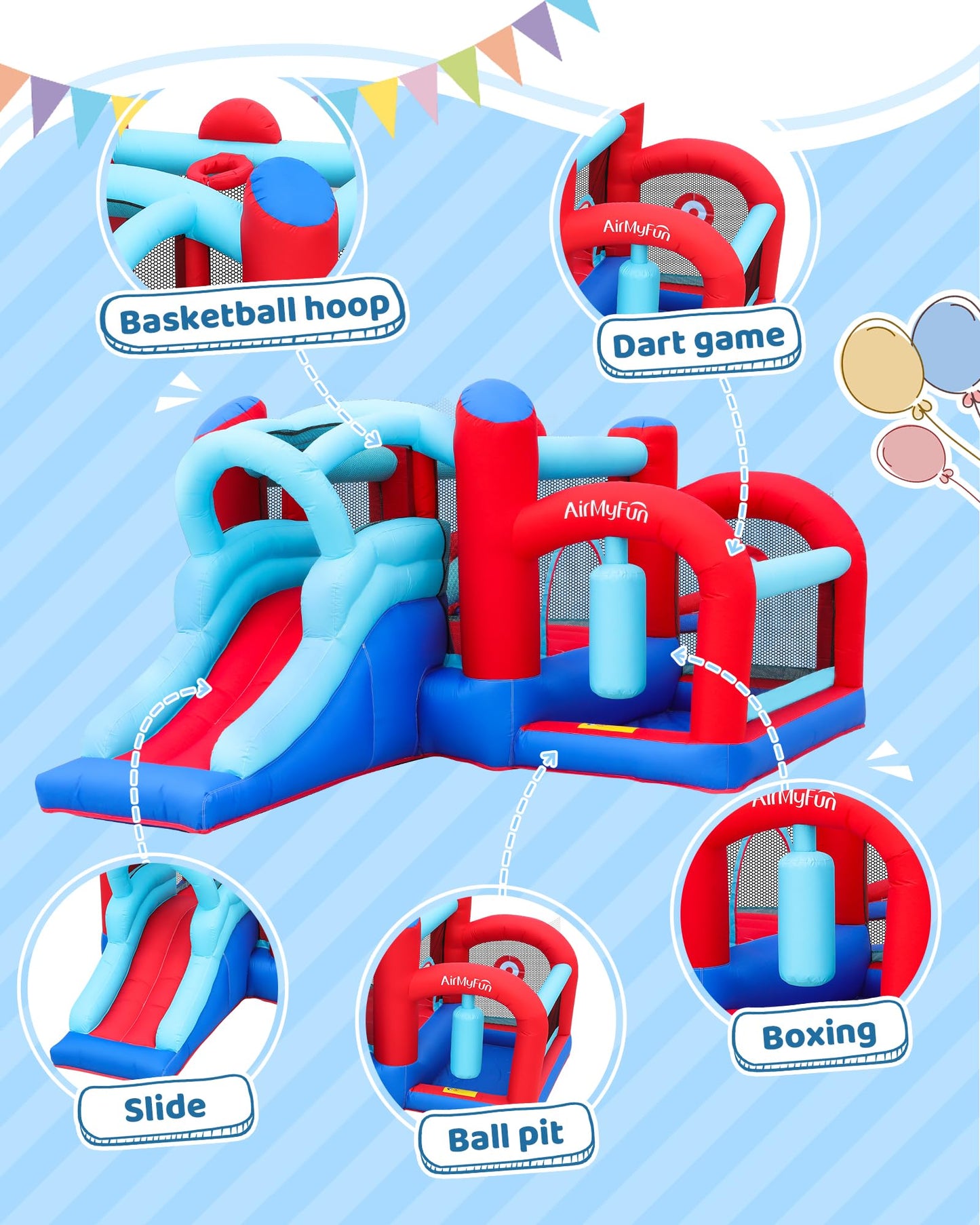 AirMyFun Inflatable Bounce House, Bouncy House with Slide,Indoor Outdoor Bounce House with Ball Pit,Basketball Hoop,Target Balls and Boxing,Inflatable Bouncer for Party