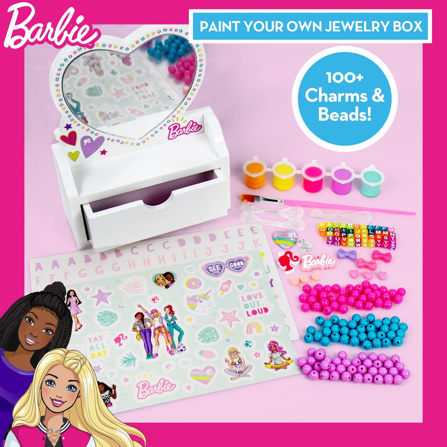 Barbie Paint Your Own Jewelry Box, Customize A Heart-Shaped Vanity & Jewelry Box with Acrylic Paints, Create 5 Pieces of Jewelry, 100+ Charms & Beads, Bead Kit for Kids Ages 5, 6, 7, 8