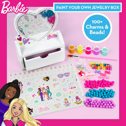 Barbie Paint Your Own Jewelry Box, Customize A Heart-Shaped Vanity & Jewelry Box with Acrylic Paints, Create 5 Pieces of Jewelry, 100+ Charms & Beads, Bead Kit for Kids Ages 5, 6, 7, 8