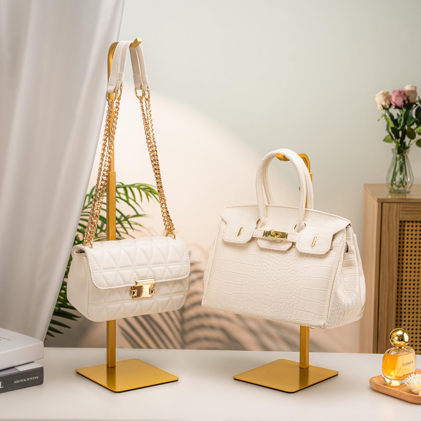Josmimic 3 Pack Purse Holder Handbag Display Stand: Gold Hanger Rack for Bags, Purses, and Wreath, Adjustable Hook Stand for Tabletop, Closet, and Retail Use for Vendors