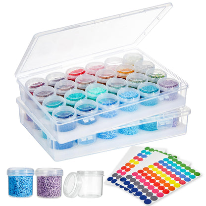 MOLEDINO 48 Slots Diamond Art Storage with 4cm Wide Mouth Jars and Foam Insert, Bead Organizer with Sticker Labels for Diamond Painting Beads (2 Pack)