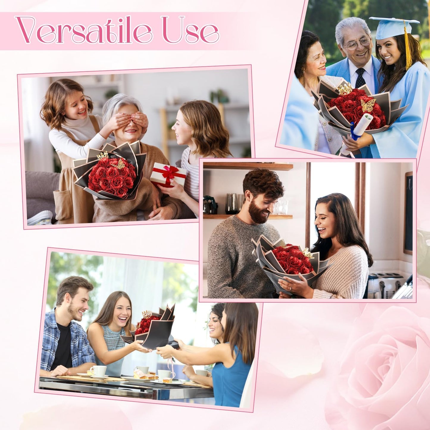 Complete Floral DIY Kit 24 Pcs Glitter Roses Bouquet Making Set with 12 Butterflies, Wrapping Paper, Cards, Ribbon & Crown Eternal Handmade Gift for Birthday, Anniversary, Mother's Day, Wedding (Red)