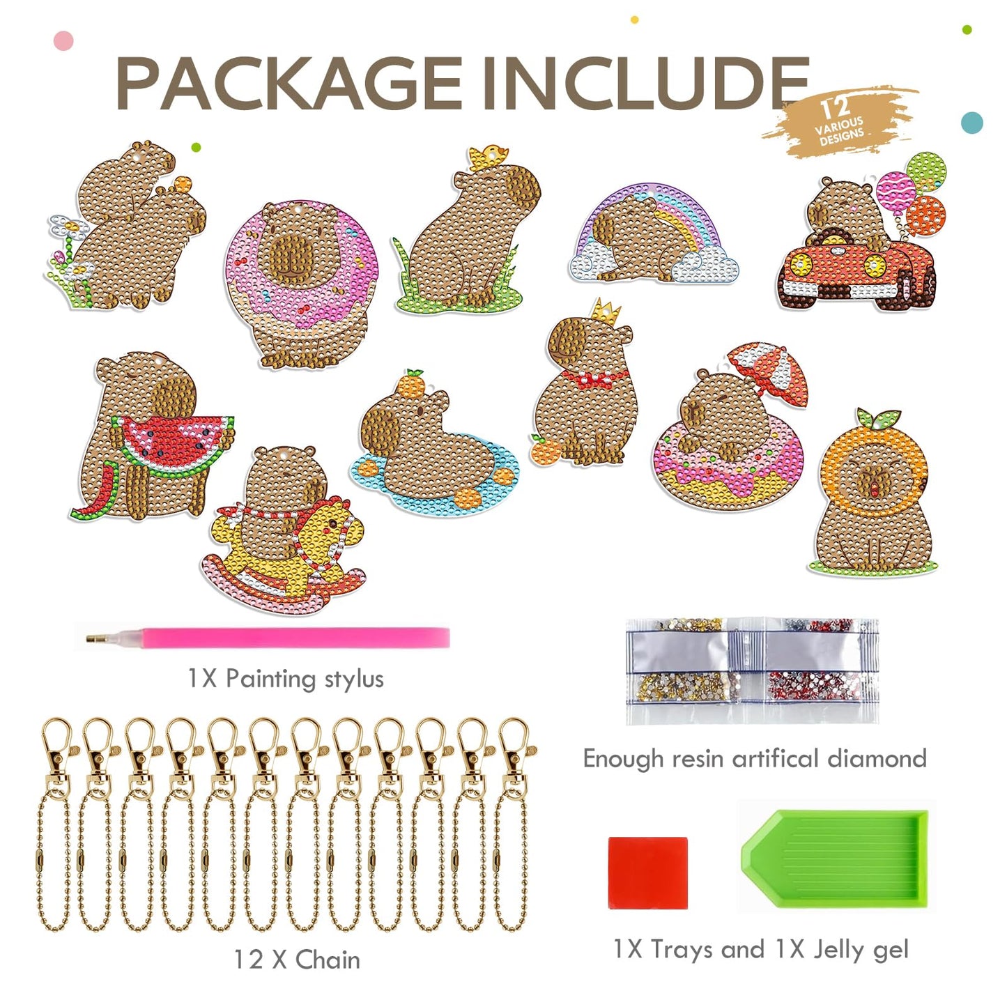 Sitsink Capybara Diamond Art Keychains - 12 Pcs DIY Fantastic Capybara Animal Diamond Painting Keychains Kit for Adult Gem Art Crafts Kit for Women Craft Beginner Gift