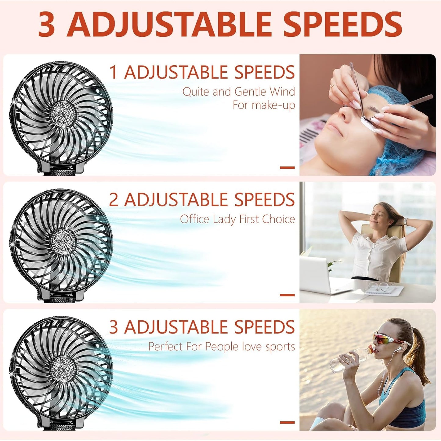Mudder Crystal Bling Rhinestone Mini Handheld Fan, Portable USB Rechargeable Fan for Girls Women Outdoor Travel