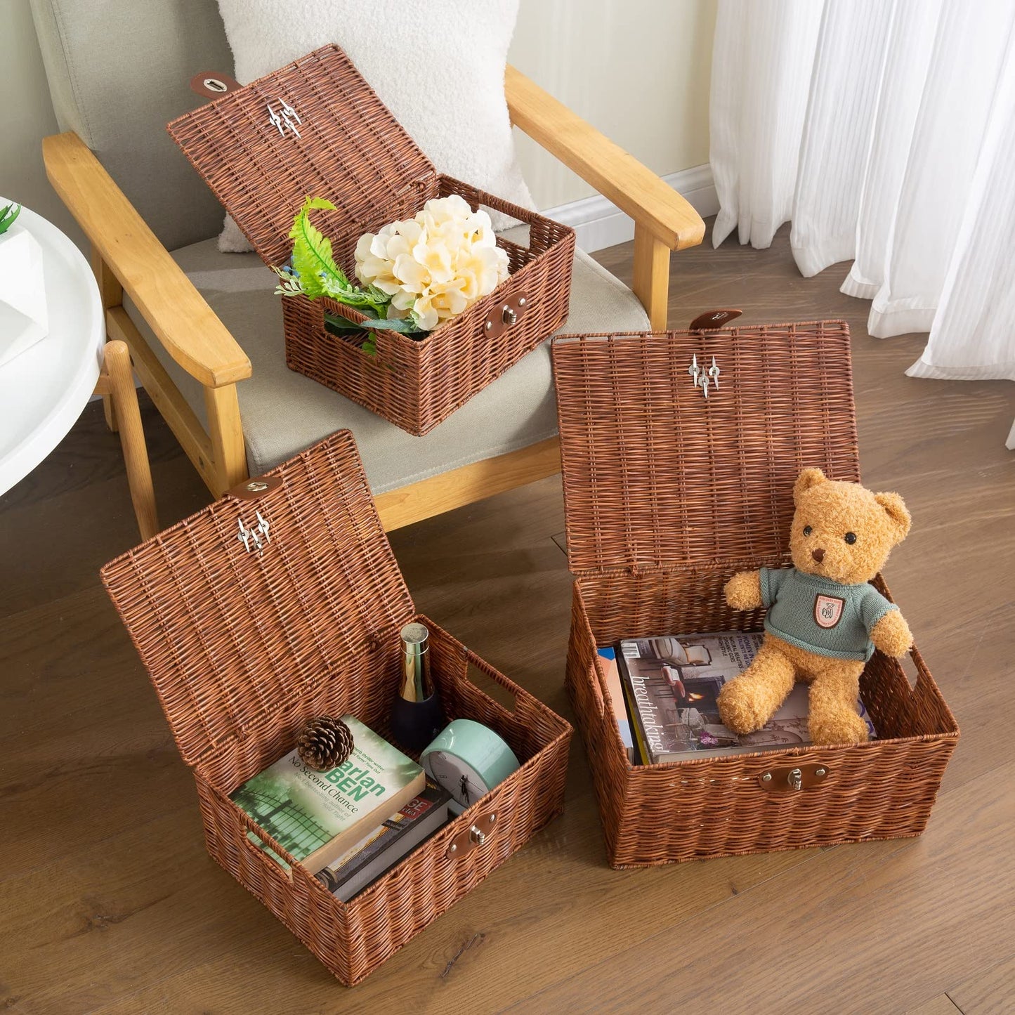 Homepeaz Set of 3 Woven Wicker Storage Basket Box with Lids & Lock, Built-in Carry Handles, Multifunctional Storage Organizer for Nursery, Baby, Clothes, Toys, Books, Large/Medium/Small Size (Natural)