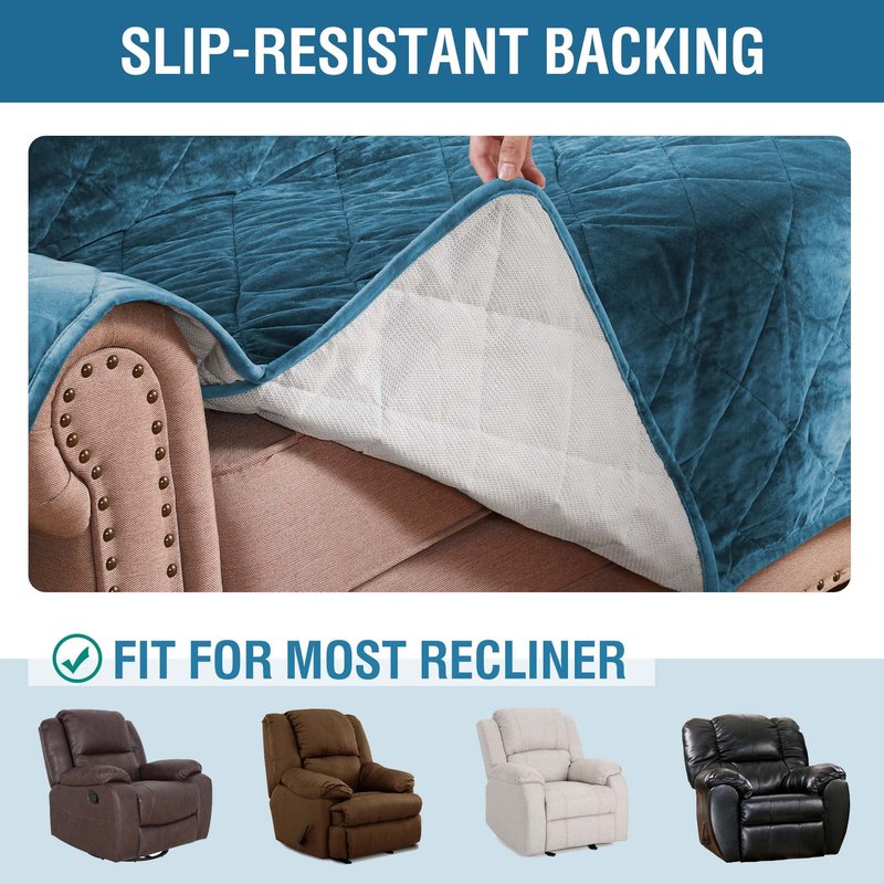 H.VERSAILTEX Thick Velvet Recliner Covers for Recliner Chair Covers Reclining Chair Slipcover Recliner Couch Cover with Non Slip Backing and Wider Elastic Strap (Oversaized Recliner, Peacock Blue)
