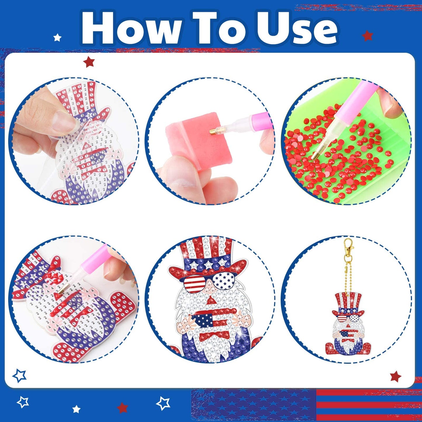 Outus 24 Pcs 4th of July Diamond Art Keychains Patriotic Diamond Keychains Memorial Day Gnome American Flag Double-Sided 5d DIY Art for Beginners Adults 250th Anniversary Independence Day Party Favors