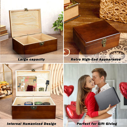 Set of 2 Wooden Storage Boxes Container with Hinged Lid, Large Wood Craft Keepsake Decorative Box with Lock and Key, Small Chest Memory Gift Box for Jewelry Christmas Wedding Travel Trinket Treasure