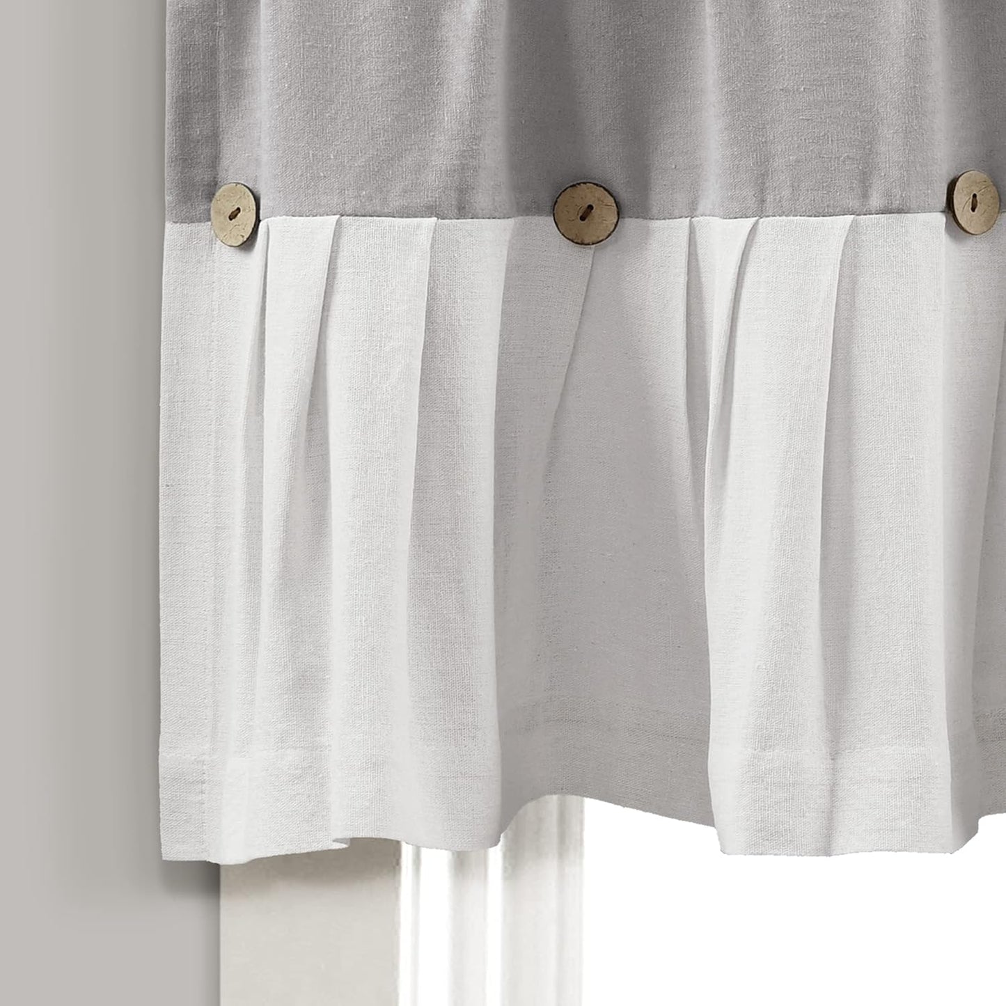 Lush Decor Linen Button Farmhouse Valance - 52" W x 18" L, Gray & White, Rustic Kitchen Curtains with Coconut Husk
