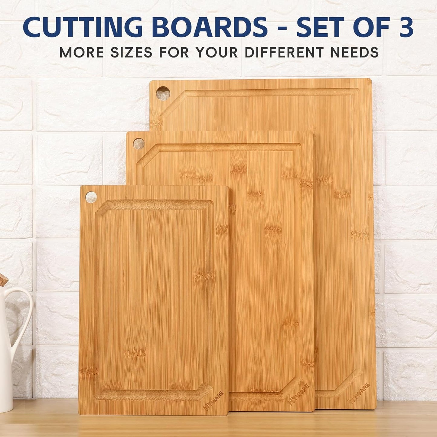 Hiware Wood Cutting Boards for Kitchen - Heavy Duty Bamboo Cutting Board Set for Meat, Vegetables, Set of 3